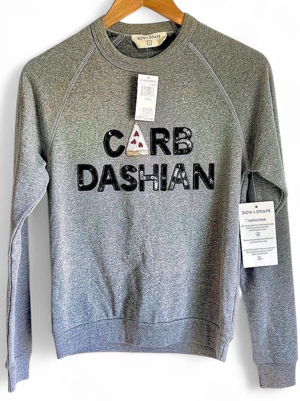 NWT Bow & Drape women’s Gray 'Carb Dashian' Pullover Sweatshirt